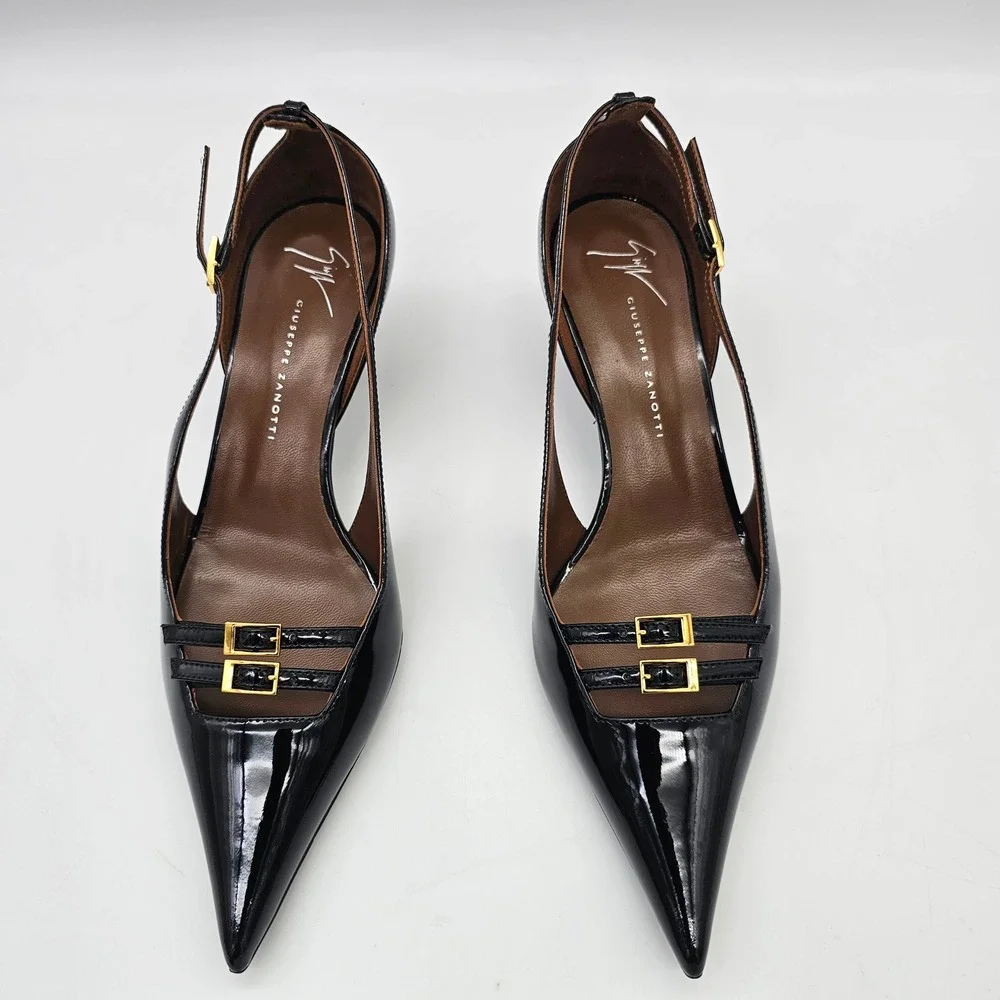 Giuseppe Zanotti Raquel 50 Slim Womens 37 US 7 Black Patent Leather Buckle Heels